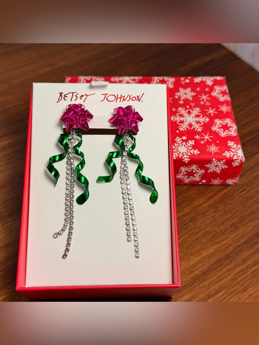 NWT Betsey Johnson Pink Bow & Green Ribbon Crystal Drop Earrings